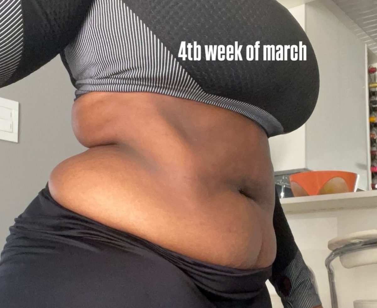Same client, fourth week of March — after eight weeks on the daily Metabo ritual.